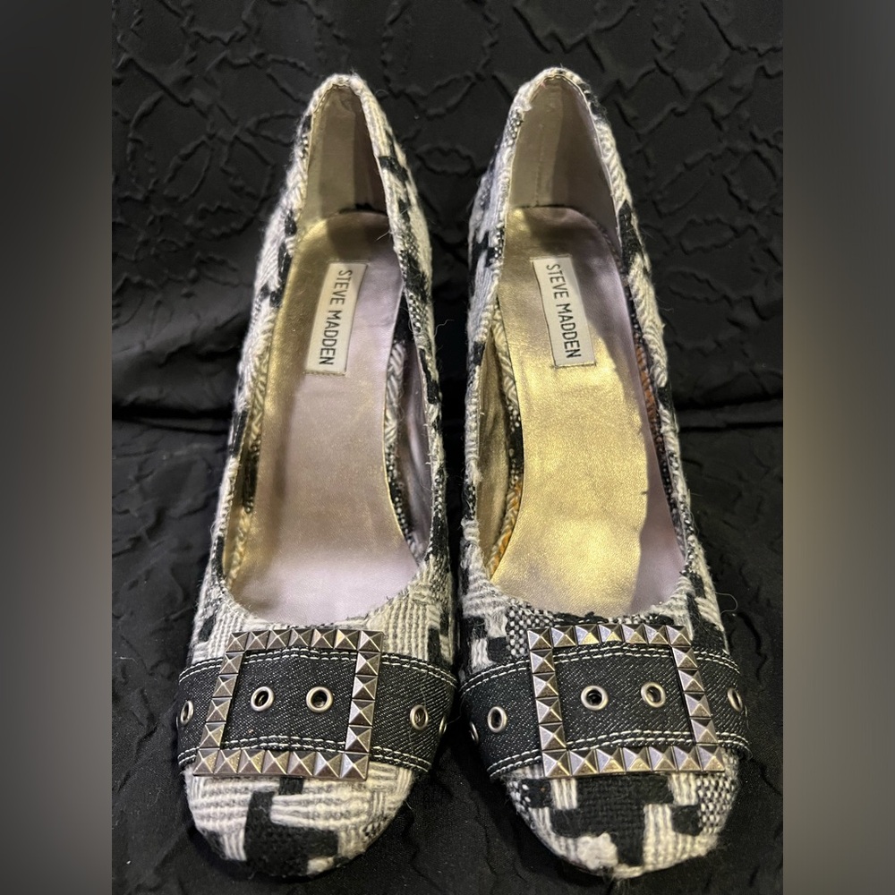 Black/Gray Steve Madden Houndstooth Fabric Pumps